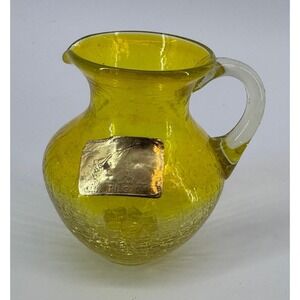 Yellow Pilgrim Crackle Glass Pitcher Gold Foil Label Vintage Art Glass Small